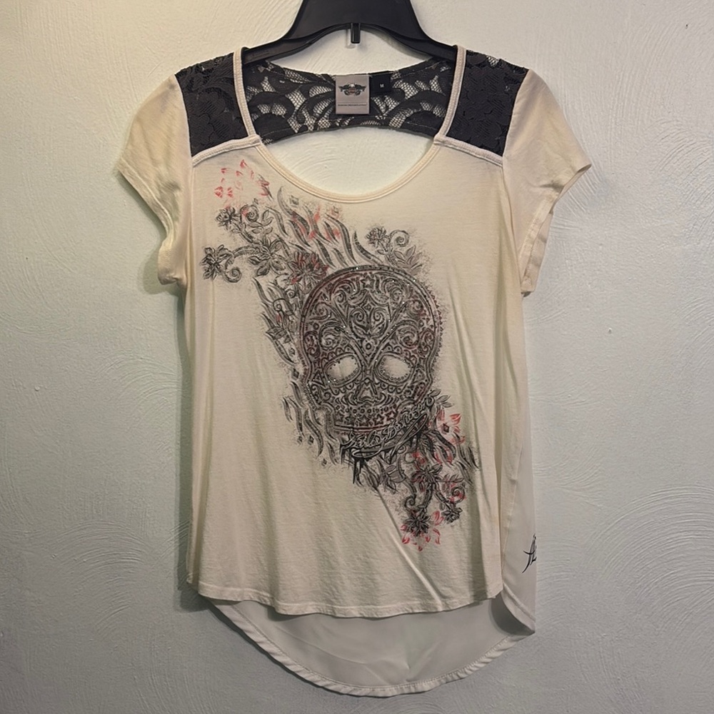 Harley Davidson Cream and Black Skull Graphic Top